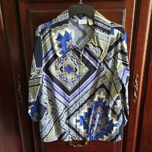 Chico's Blue Multi Patterned Blazer.  Size 2 (12-14) 3/4 Sleeve Zip Front,Pocket